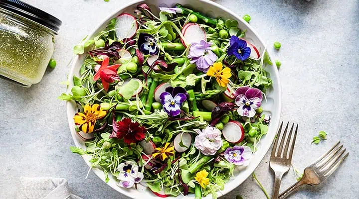 تصویر سالاد تزئین‌شده با گل‌های خوراکی