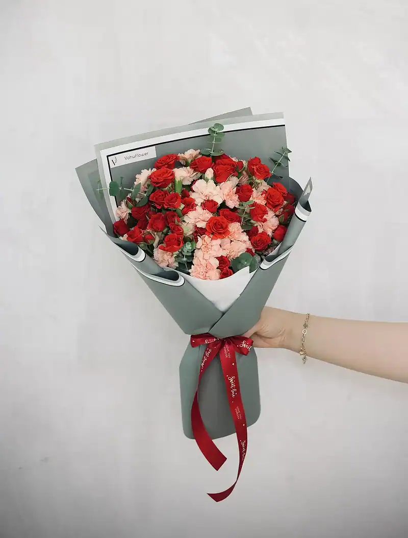 دسته گل رز مینیاتوری و میخک هیوا - Image 1