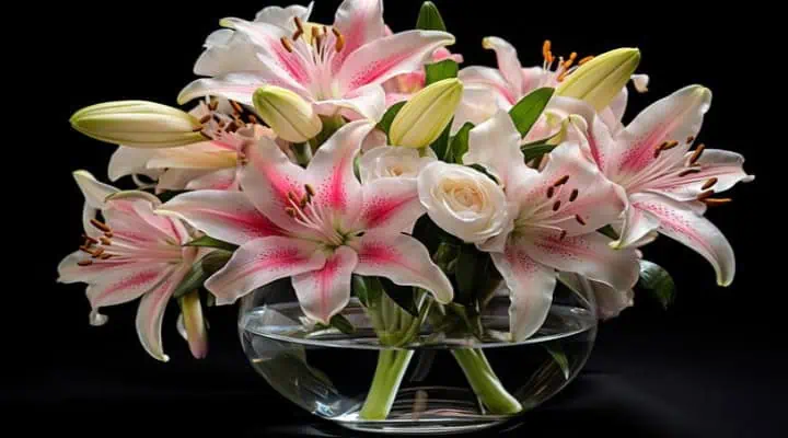 شاخه بریده گل اورینتال صورتی در گلدان شفاف آب