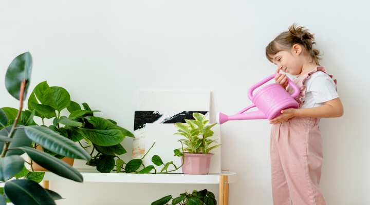 کودک در حال بازی نزدیک گلدان دیفن باخیا