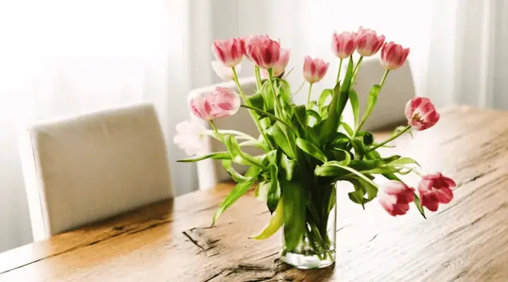 گلدان گل شاخه بریده رنگارنگ در مکانی خنک و با نور غیرمستقیم