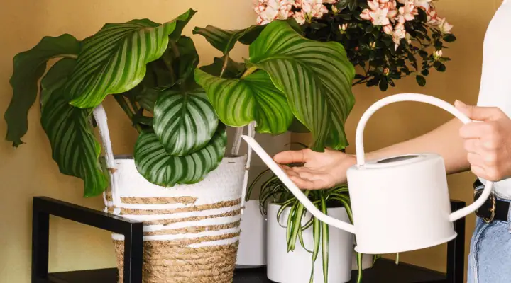 فری در حال آبیاری گلدان گل کالاته‌آ