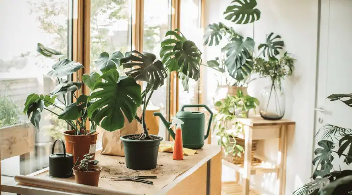 تعدادی گلدان مونسترا روی میز