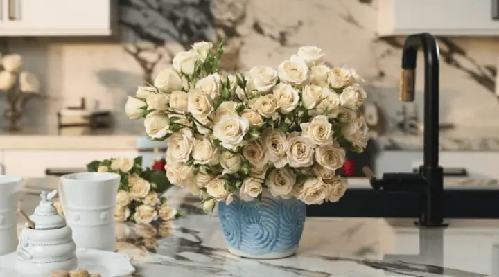 یک گلدان گل رز مینیاتوری سفید روی میز