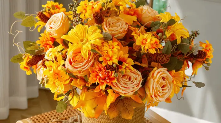 یک سبد گل با گل های پاییزی رنگ گرم