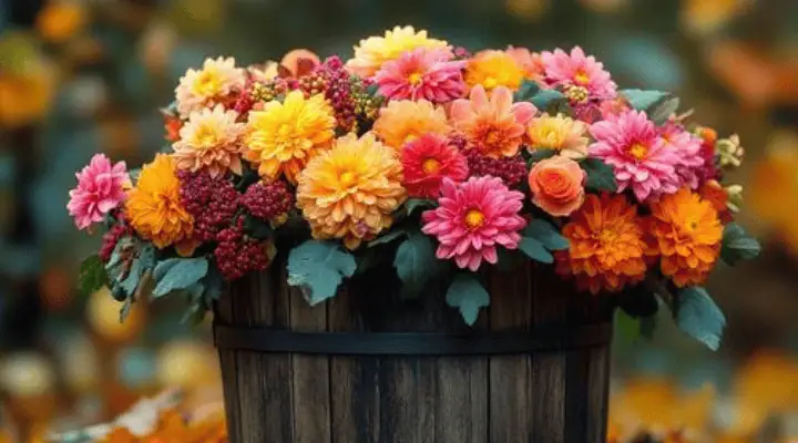 یک سبد گل زیبا با گل های رنگارنگ