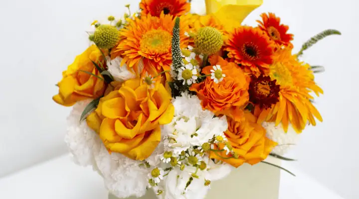 تعدادی گل رنگارنگ در باکس گل پاییزی