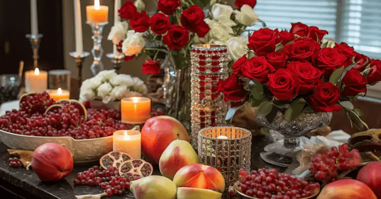 یک میز یلدایی با گل آرایی زیبا