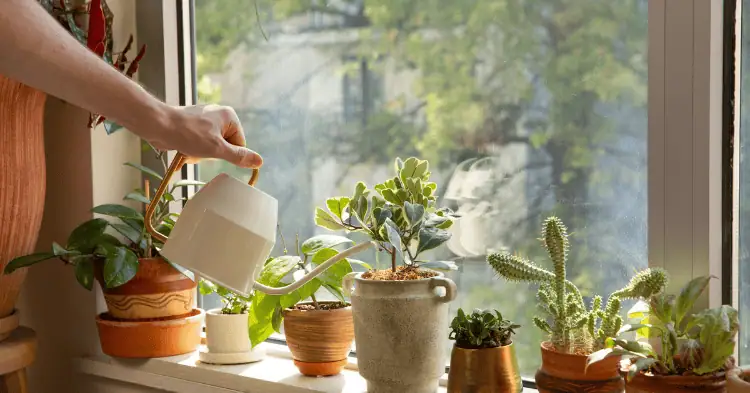 فردی در حال آبیاری گلدانهای پشت پنجره